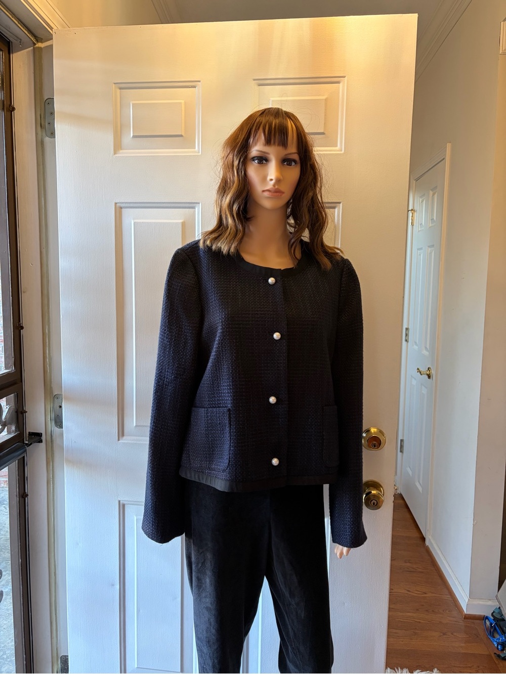 Ann Taylor Classic Navy Tweed Pearl Button-Front Women's Jacket